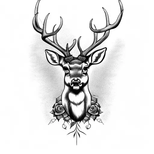 deer head with vines of roses wrapped on antlers tattoo design idea