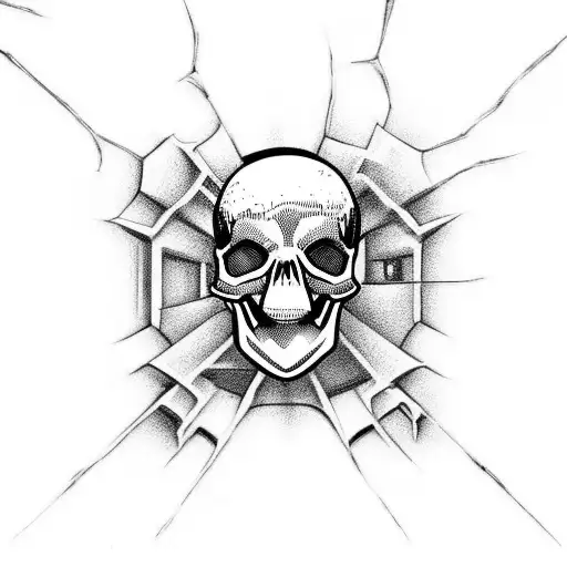 Pink old skull with spider man nearby and with an urban scene tattoo design idea