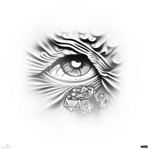 Liberty Statue with eyes closed, dark work, with dice as attribute, realistic, big arm, dark background, futuristic tattoo design idea