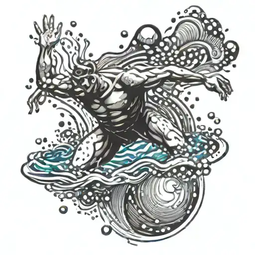 An intricate design of a swimmer diving into a pool surrounded by water ripples and bubbles tattoo design idea