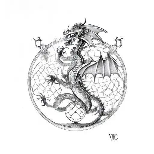 Metal dragon holding a crystal ball with the Virgo logo in it tattoo design idea