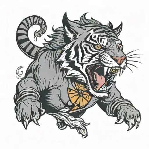 joker standing and laughing tiger surrounded tattoo design idea