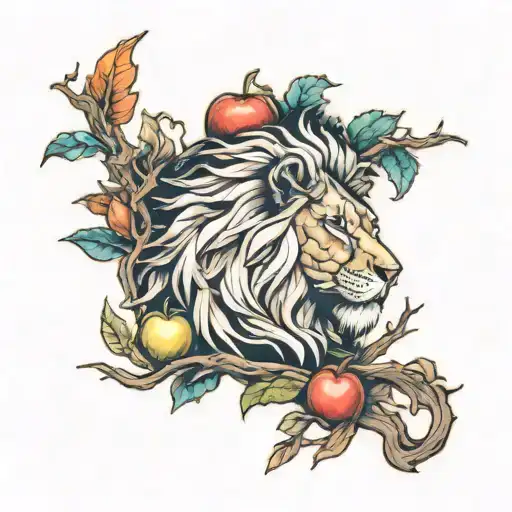 tree branch, lion, phoenix rising, apple, puzzle pieces tattoo design idea