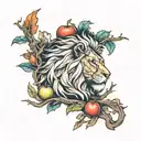 tree branch, lion, phoenix rising, apple, puzzle pieces tattoo design idea