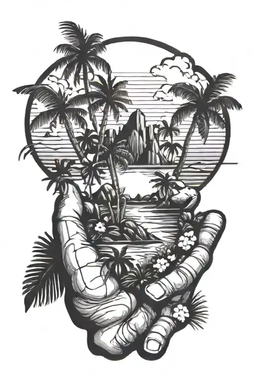 praying hands tropical island landscape tattoo design idea