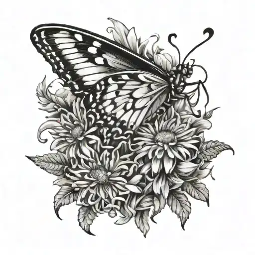 A majestic butterfly emerging from a cluster of asters tattoo design idea