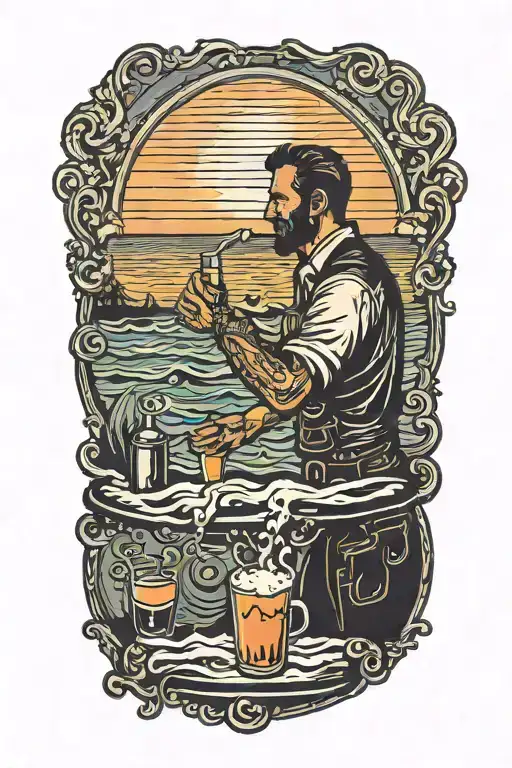 A sunset over the ocean with a silhouette of a bartender mixing drinks, capturing your love for ocean views and bartending tattoo design idea