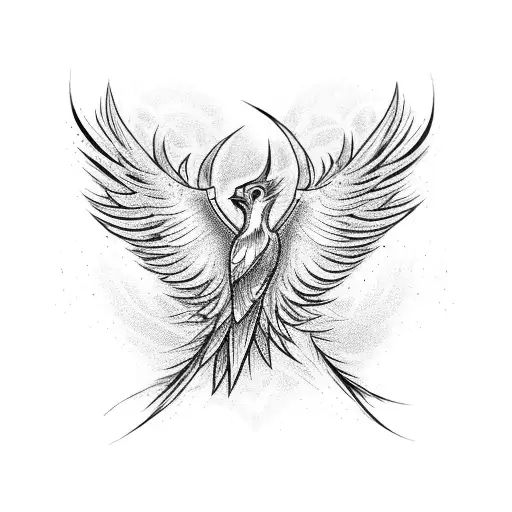 Magical firebird with flowing electrified feathers tattoo design idea