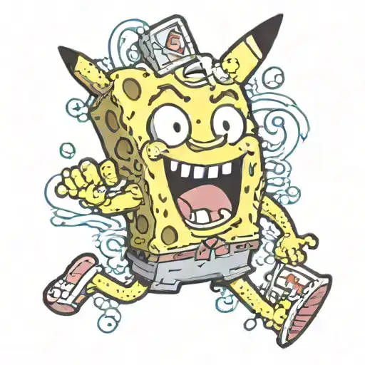 sponge bob squarepants shaking hands with pikachu pokemon tattoo design idea