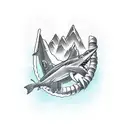 Mountains on the upper arm, transitioning to ocean in the middle arm with a thresherk shark, scuba diver and a shipwreck tattoo design idea