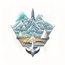 Mountains on the upper arm, transitioning to ocean in the middle arm with a thresherk shark, scuba diver and a shipwreck tattoo design idea