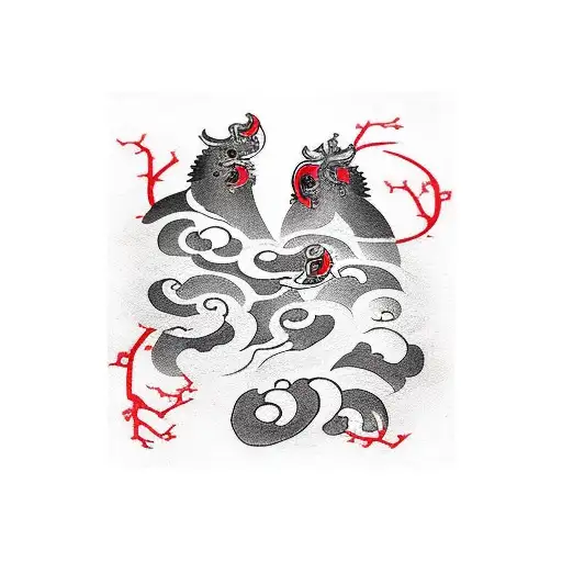 Japanese kanjis meaning: God and family. Black with red shadows. Insert a little bit Portuguese medieval style tattoo design idea