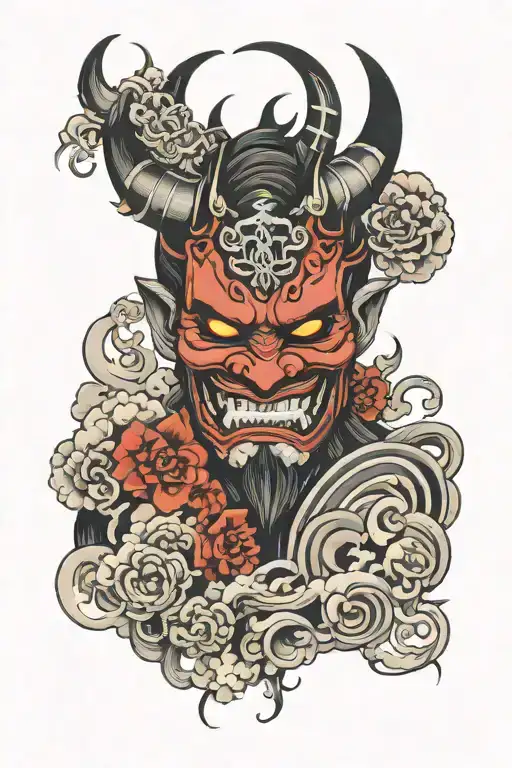 half Oni mask with black clouds tattoo design idea