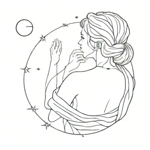 Women with hair just above shoulders looking at the universe where she can see two constellations aries and pisces  tattoo design idea