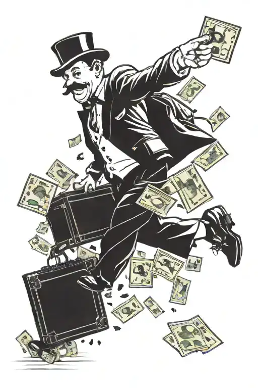 monopoly man running out of bank vault with a bag full of money  tattoo design idea