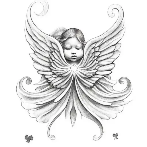 angel on cloud holding a 4 leaf clover tattoo design idea