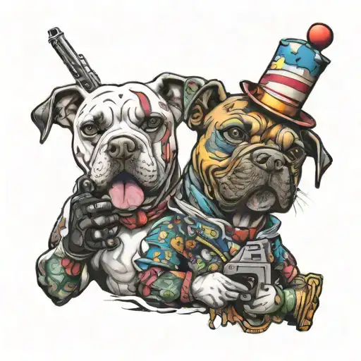 Pitbull and clown with gun tattoo design idea