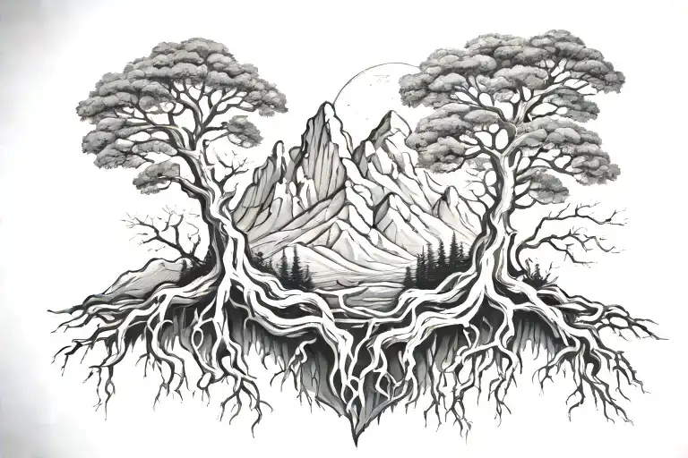 mountains and tree roots extending tattoo design idea