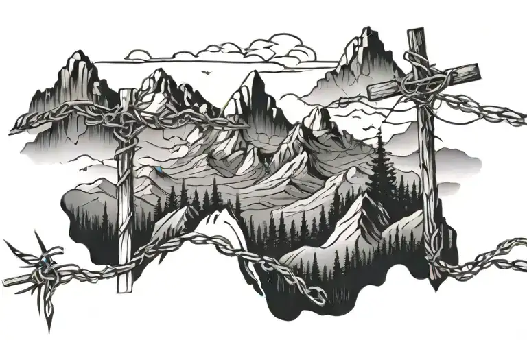 mountains with cross and barbed wire fence tattoo design idea