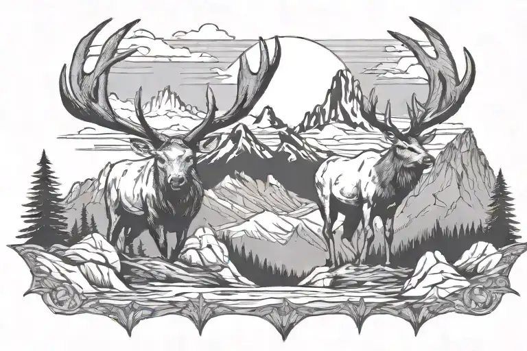 mountains with cross and elk near river tattoo design idea