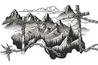 mountains with cross and barbed wire fence tattoo design idea