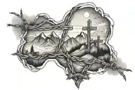 mountains with cross and barbed wire fence tattoo design idea