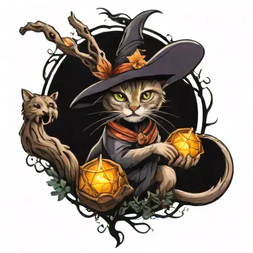 A neotraditional tattoo design of a witch's cat casting spells in a mystical forest tattoo design idea