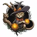 A neotraditional tattoo design of a witch's cat casting spells in a mystical forest tattoo design idea