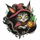 A neotraditional tattoo design of a witch's cat casting spells in a mystical forest tattoo design idea