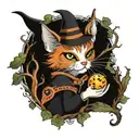 A neotraditional tattoo design of a witch's cat casting spells in a mystical forest tattoo design idea
