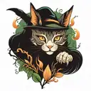A neotraditional tattoo design of a witch's cat casting spells in a mystical forest tattoo design idea