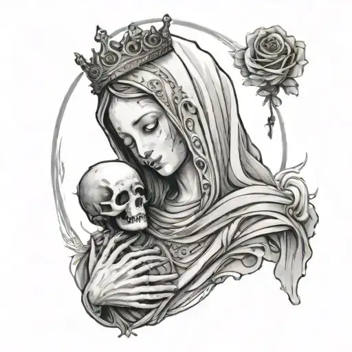 Virgin Mary sad with veil, being hugged by a skeleton in a crown & below the Virgin Mary is a breaking or cracking heart tattoo design idea