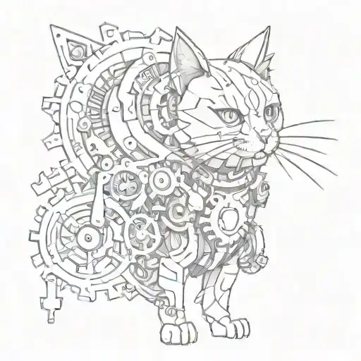 Combine a cat character from a video game with mechanical gears and cogs in a tattoo design tattoo design idea