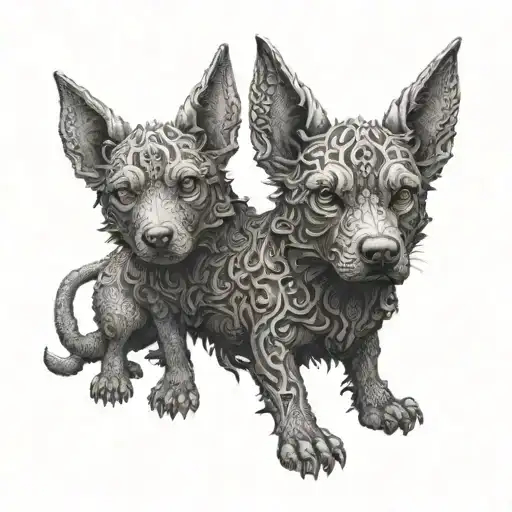 An intricate dotwork tattoo of the three-headed dog Cerberus guarding the gates of the underworld tattoo design idea