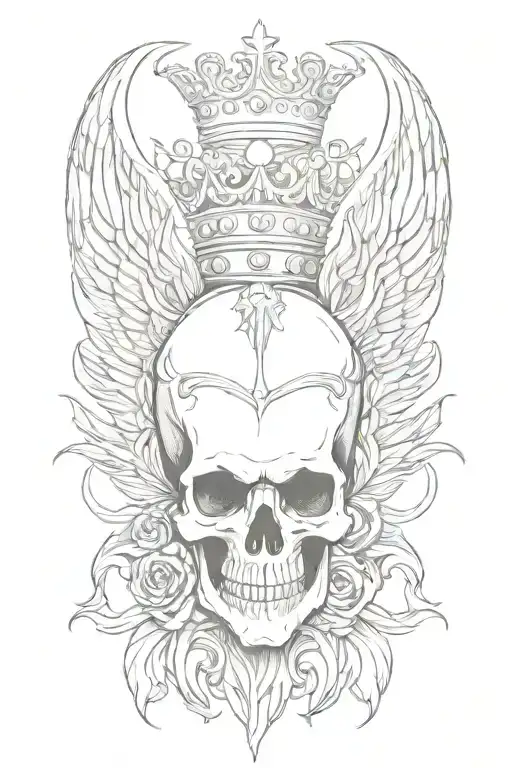 skull with angel wings with crown   tattoo design idea