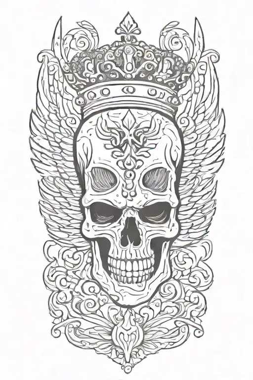 skull with angel wings with crown   tattoo design idea