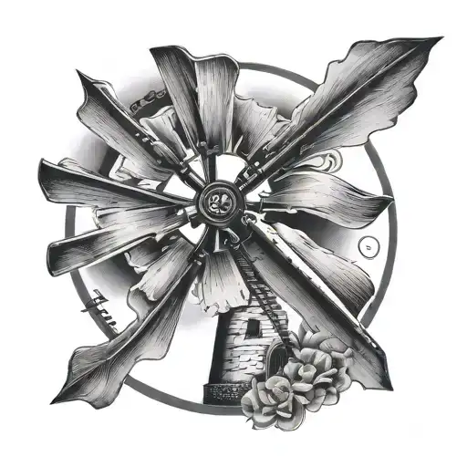 Philippians 4:6 verse written in cursive in a circle shape surrounding a windmill tattoo design idea