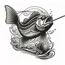 A detailed blackwork tattoo of a smallmouth bass jumping out of the water with a fishing rod in the background tattoo design idea