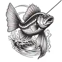 A detailed blackwork tattoo of a smallmouth bass jumping out of the water with a fishing rod in the background tattoo design idea
