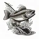 A detailed blackwork tattoo of a smallmouth bass jumping out of the water with a fishing rod in the background tattoo design idea