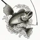 A detailed blackwork tattoo of a smallmouth bass jumping out of the water with a fishing rod in the background tattoo design idea