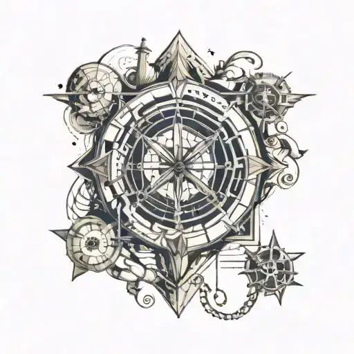 A leg patch work style tattoo connected by geometric shapes and lines. The tattoo should be 1700s naval themed tattoo design idea
