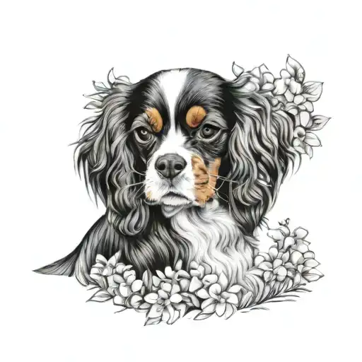 cavalier king charles spaniel playing in flowers tattoo design idea