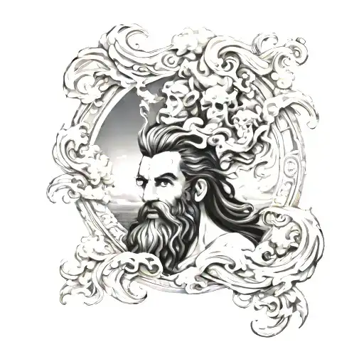 posiden, god of the sea, fighting hades, god of the underworld. In the ocean with greek styled clouds and waves tattoo design idea