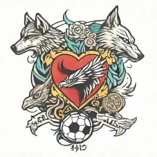 a drawing with a heart a soccer ball a wolf and an eagle and the years of birth 1995 1997 1957 1961 2003 tattoo design idea