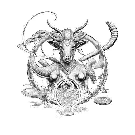 A surreal scene depicting Aries, Cancer, Pisces, and Aquarius as mythical creatures tattoo design idea