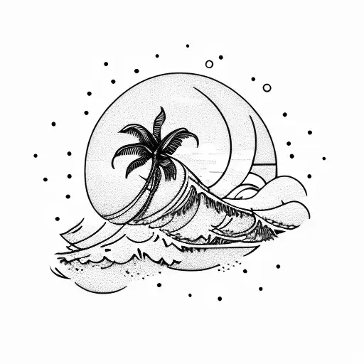 waves, sun, beach, palm tree tattoo design idea