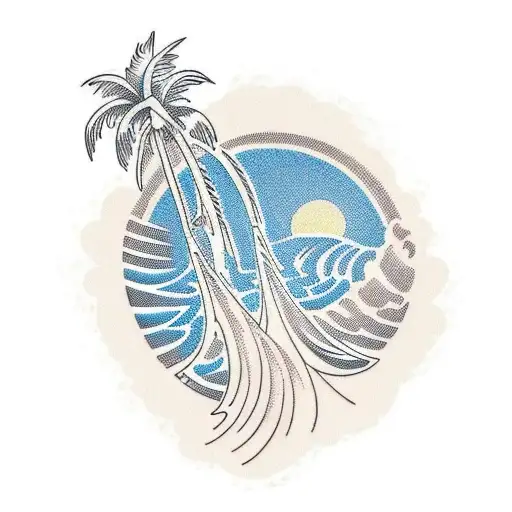 a palm tree close to the beach, with waves breaking and the sun in the back tattoo design idea