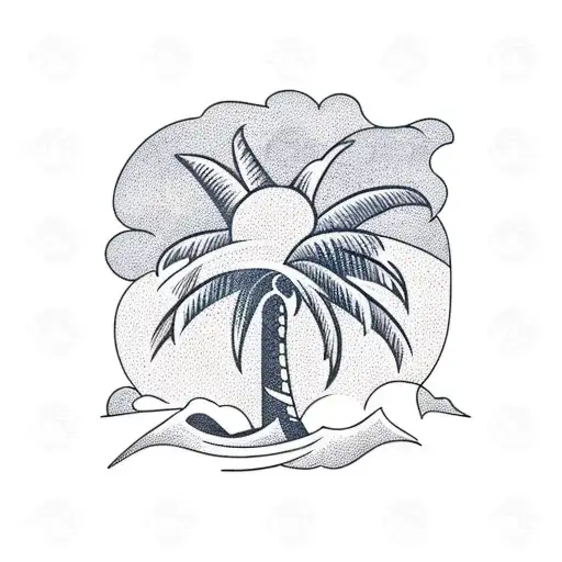 a palm tree close to the beach, with waves breaking with the sun at the top back tattoo design idea