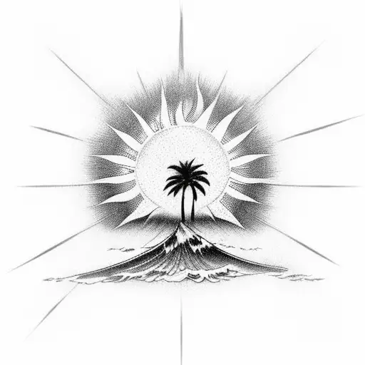 a palm tree close to the beach, with waves breaking with the sun at the top back tattoo design idea